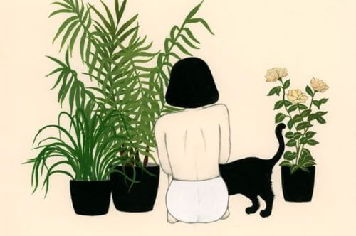 女孩盆栽與貓